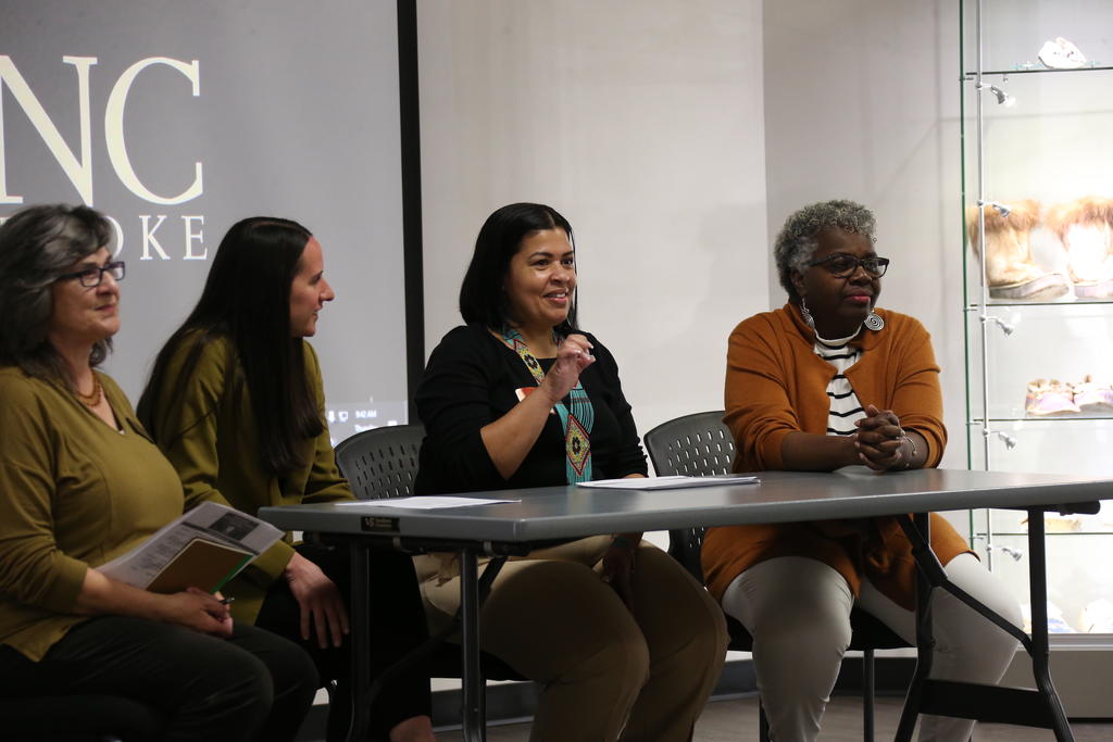 Dr. Mary Ann Jacobs (left), Katie Franklin, Sonya Stephenson-Ndiaye and Daisy Wooten were among the speakers at the 19th annual Southeast Native Studies Conference held March 21-22, 2024 at UNCP