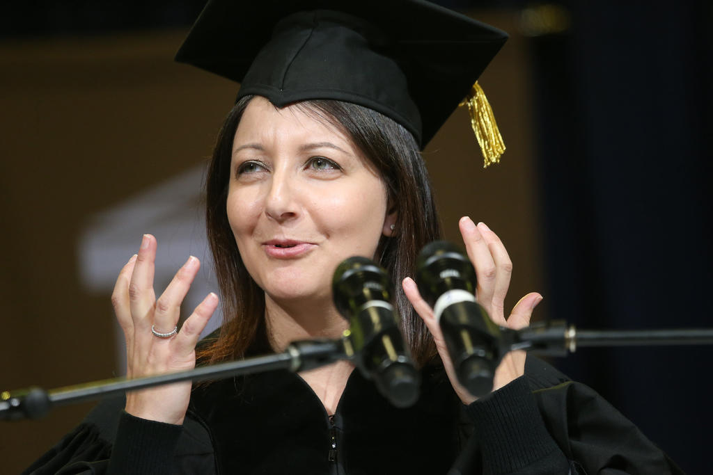 Mandy Cohen, secretary of the N.C. Department of Health and Human Services, delivers the keynote speech during UNCP’s winter commencement on Saturday.