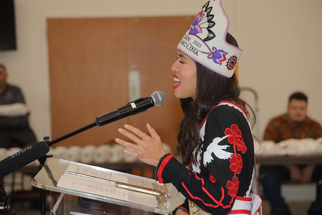 UNCP junior Jayla Locklear sings during the Indigenous Peoples' Day event