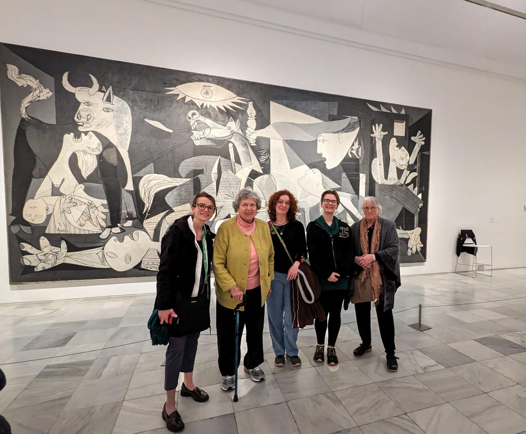 Carla Rokes, left, Vivian Jacobson, Jessica Plessinger, Monika Czartoszewski and Kathy Ertz in front of Guernica by Pablo Picasso at the Museum Reina Sofia