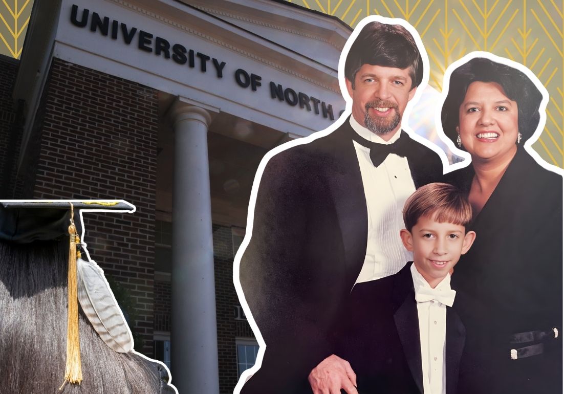 A portrait of the Reese family in front of Old Main and an American Indian graduate