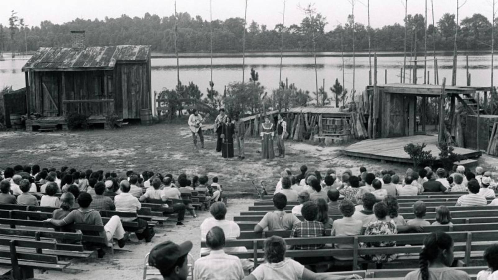Actors perform an action scene during a 1981 production of Strike at the Wind!, the acclaimed outdoor drama chronicling the life of Lumbee folk hero Henry Berry Lowrie and the Lowrie War.