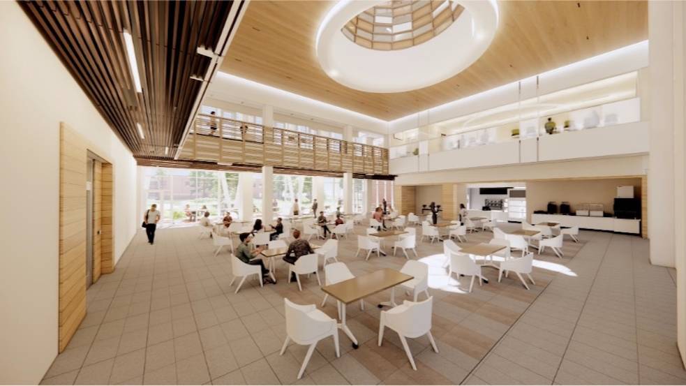 An architectural rendering of the interior interactive space of UNCP's Clinical Sciences Building, designed for healthcare education and clinical training.