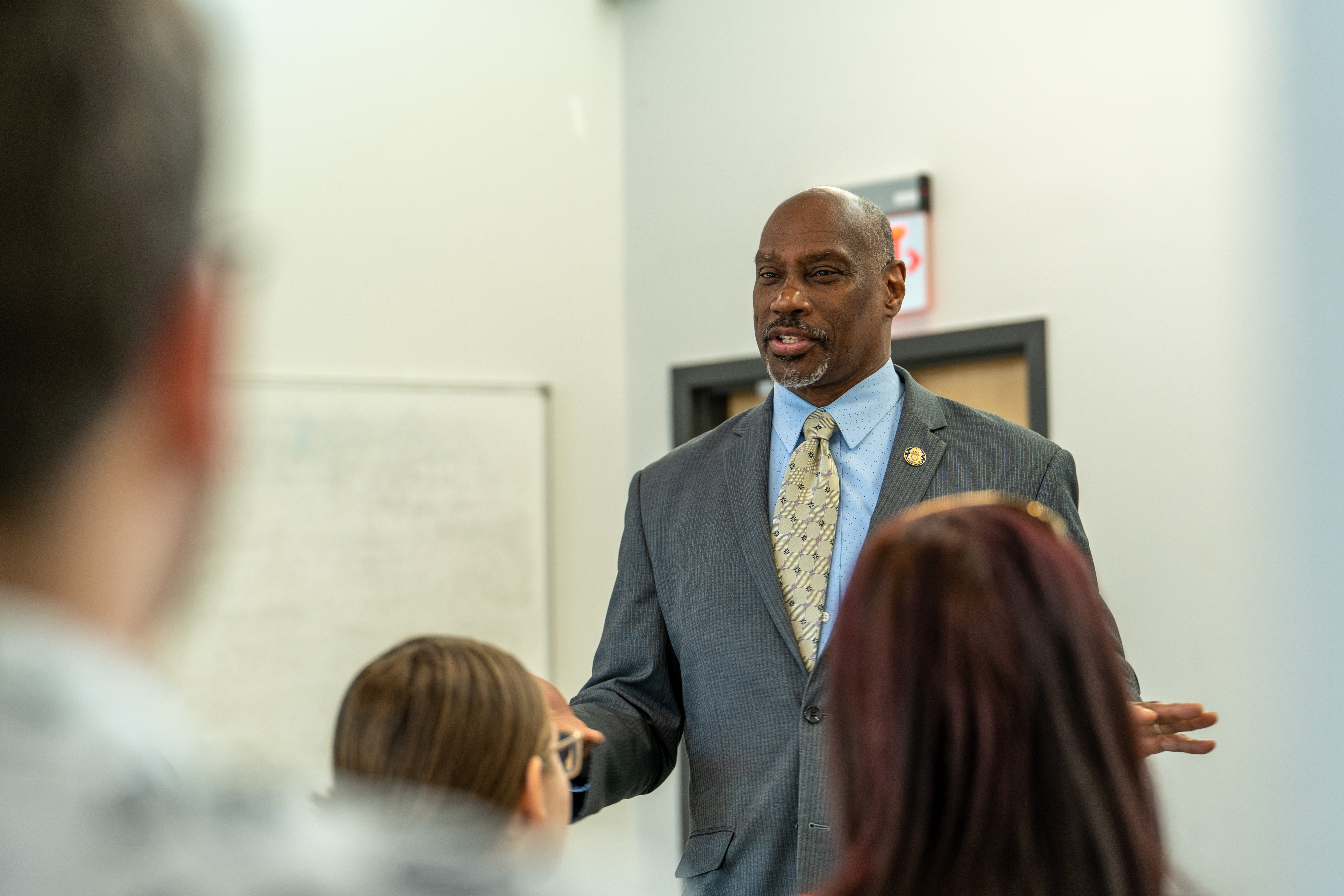 Assistant Secretary Gentry Smith speaks to a political science class at UNC Pembroke