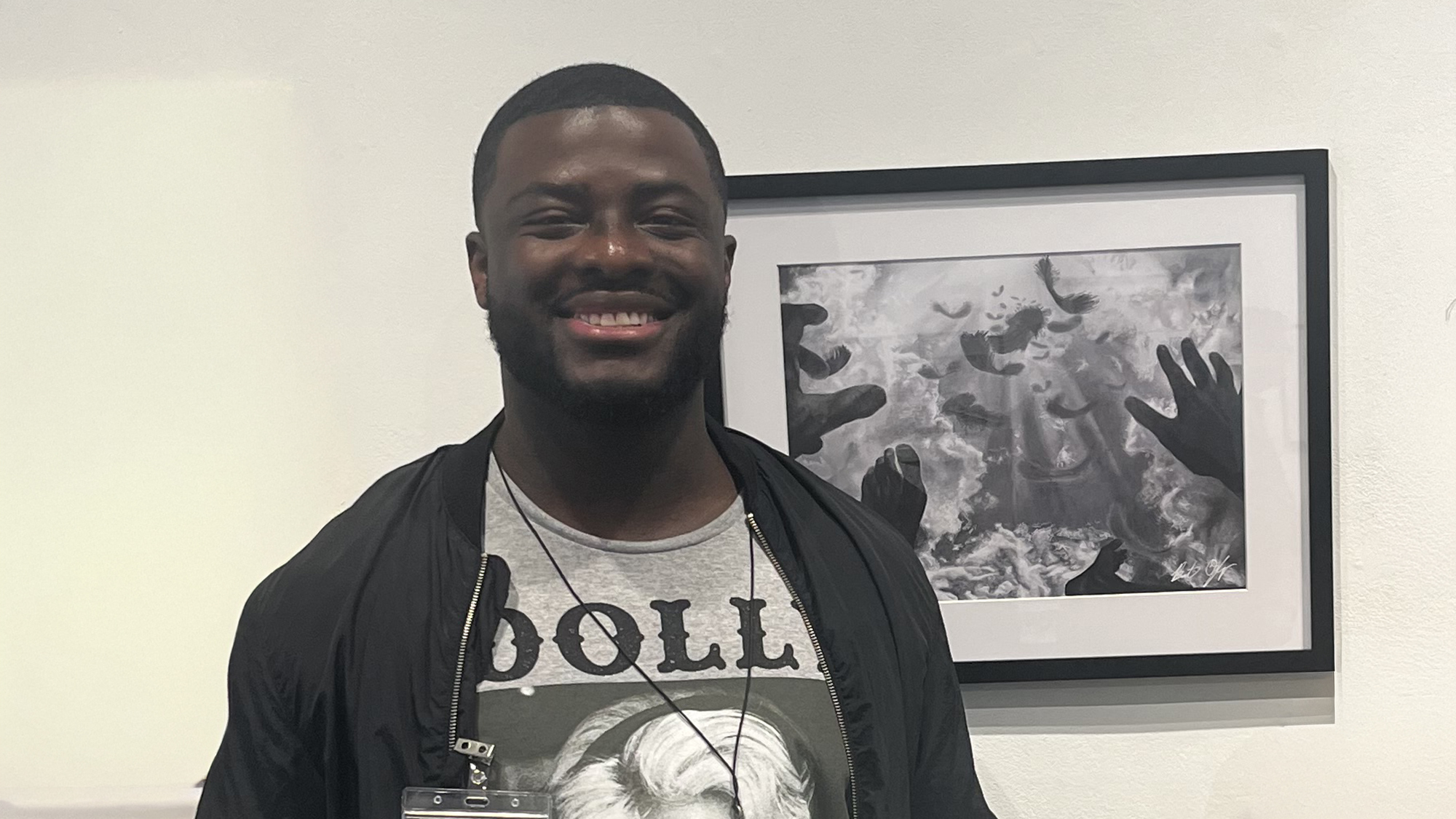 Artist Bonaventure Ogbaugo with his piece Icarus