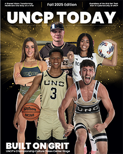 various photos of athletes in athletic poses from the cover of the uncp today fall 2025 edition