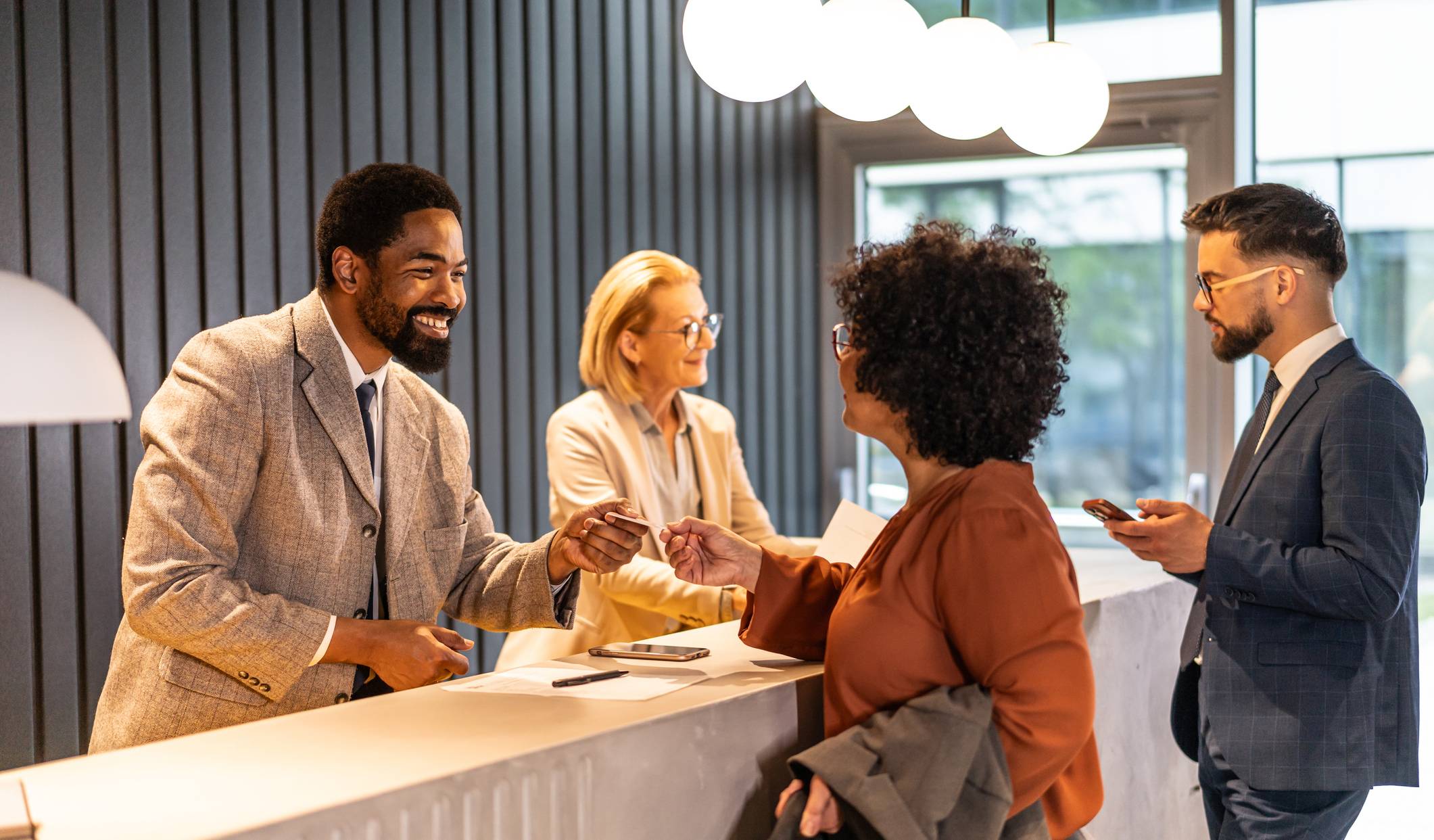 hotel administration talking to a customer