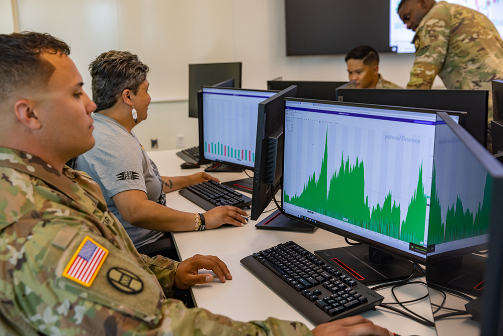 military students in trading room UNC Pembroke business