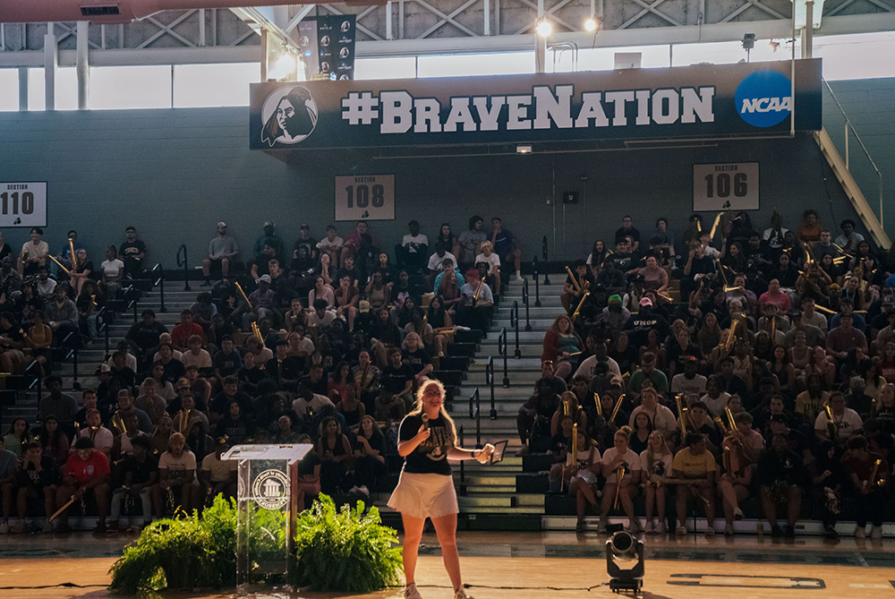 SGA President, Aspen Andersson, leading a BraveNation pep rally at UNC Pembroke.