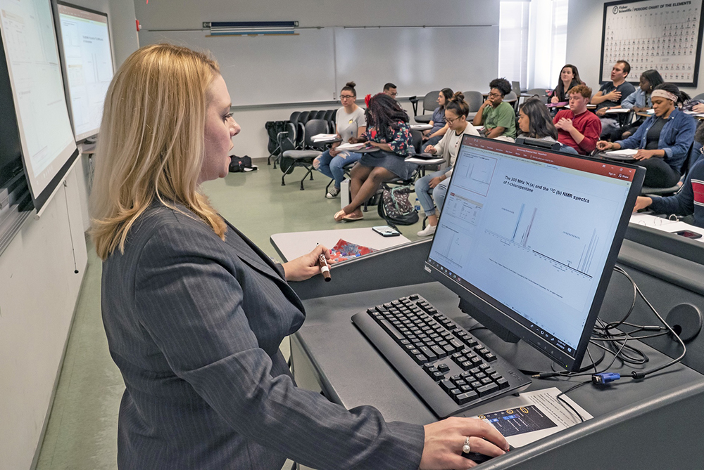 Rachel Smith organic chemistry classroom lecture with students in the Oxendine Science Building at UNC Pembroke.