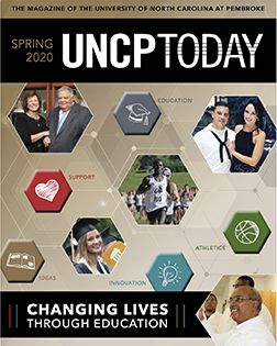 various photos and icons from the cover of the uncp today spring 2020 edition