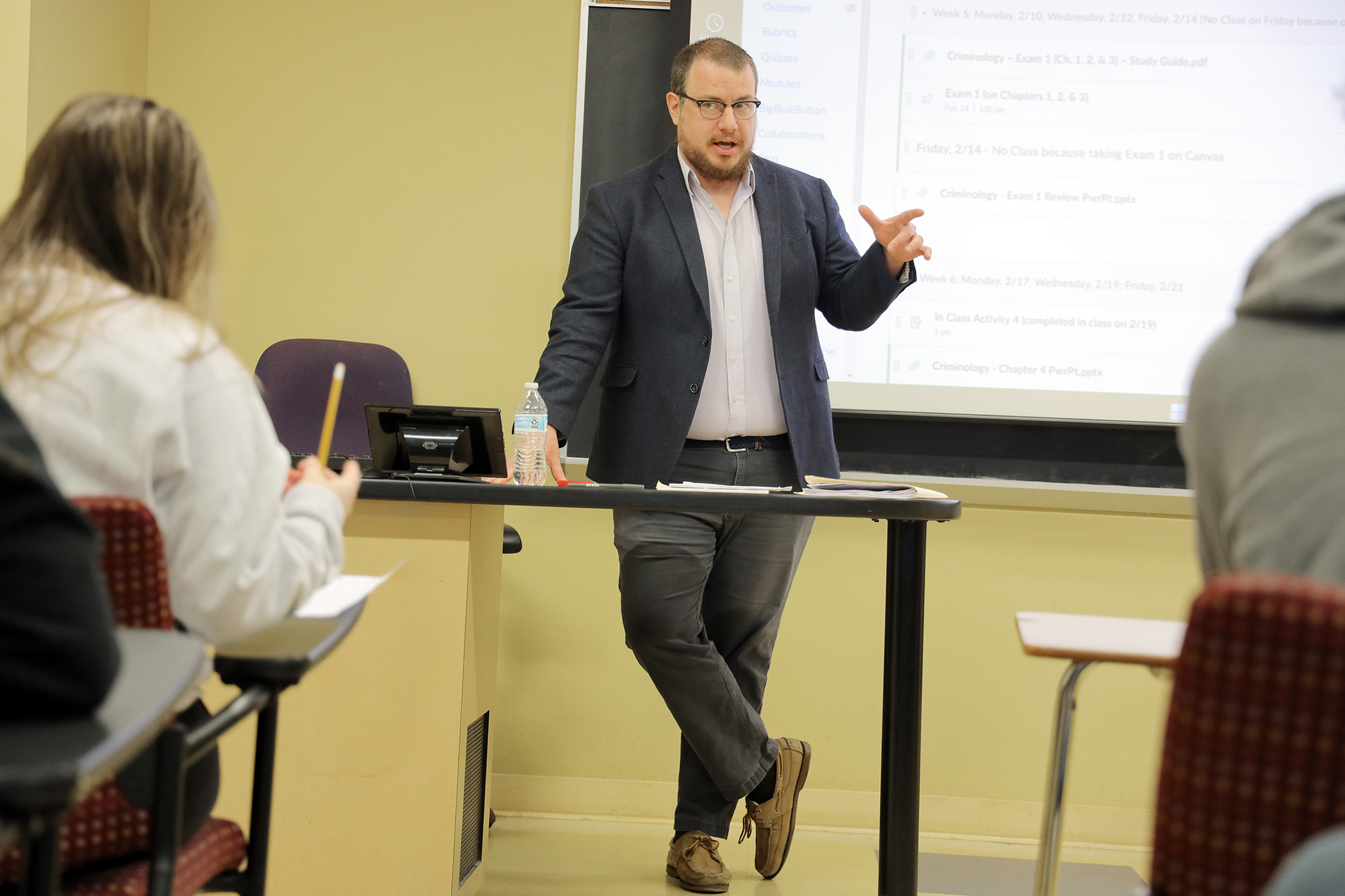 male faculty member Matt Hassett teaches a criminology class at UNCP
