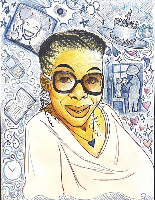 student line drawn painting of an elderly woman with glasses with scenes from her past in the background