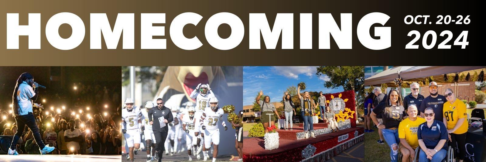 Homecoming 2024 Banner October 20-26 with pictures from the past Homecoming step show, football game, parade with the 1887 society, and tailgate at the Alumni tent.