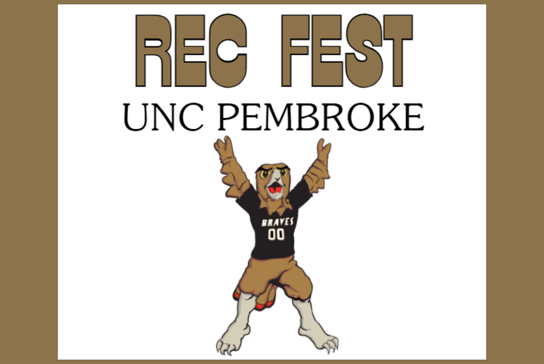 A picture of Brave Hawk with his hands in the air exclaiming Rec Fest UNC Pembroke