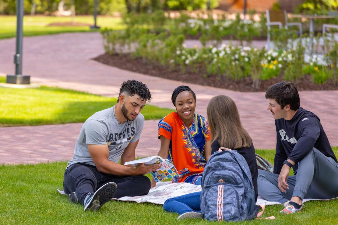 A picture of four students reading a book together on the lawn