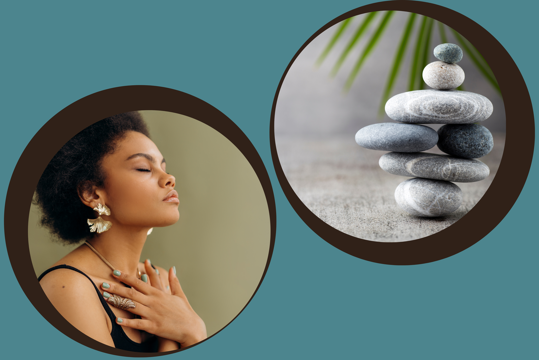 Graphic of a woman with her eyes closed and stacked smooth rocks, both symbolizing peace