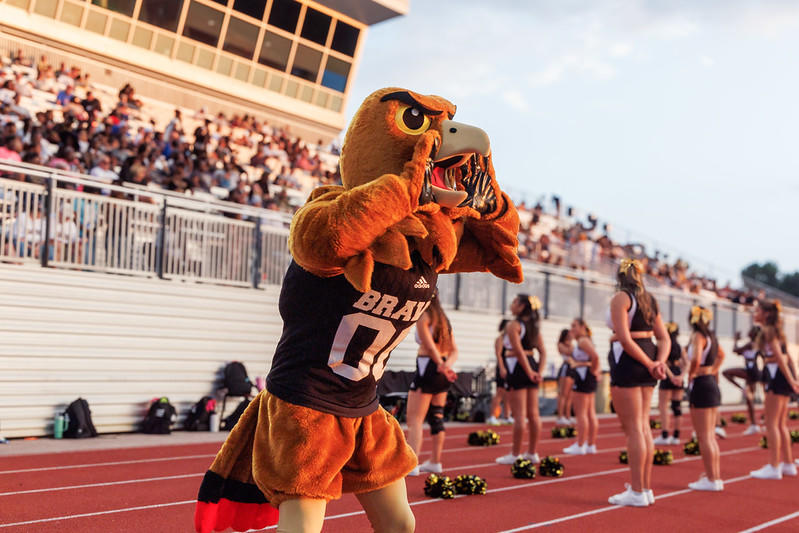 UNCP's mascott standing on a sports field.