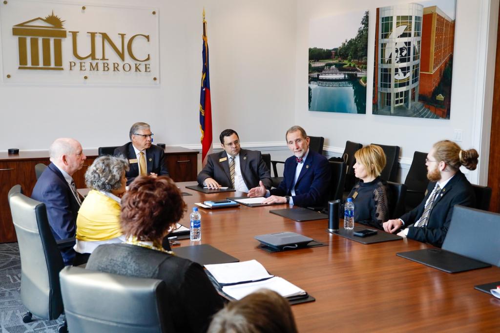 UNC System Interim President Bill Roper held a roundtable discussion with university leaders during a visit on Friday, March 6