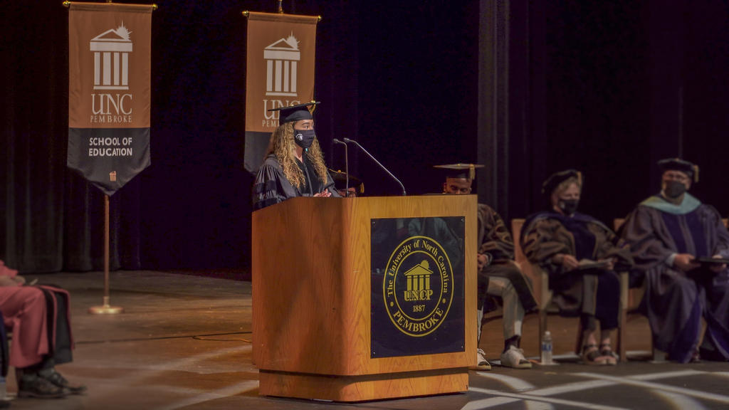 Student body president Dana Hunt-Locklear offers remarks at Convocation on August 16, 2021
