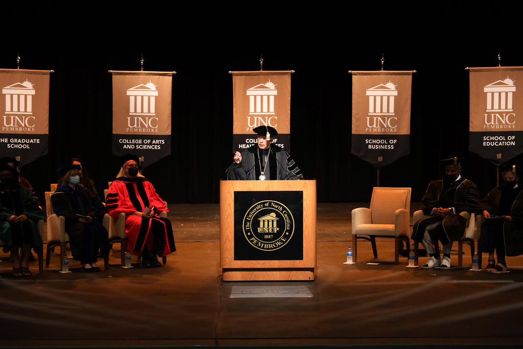 Chancellor Robin Gary Cummings gives remarks at Convocation on August 16, 2021