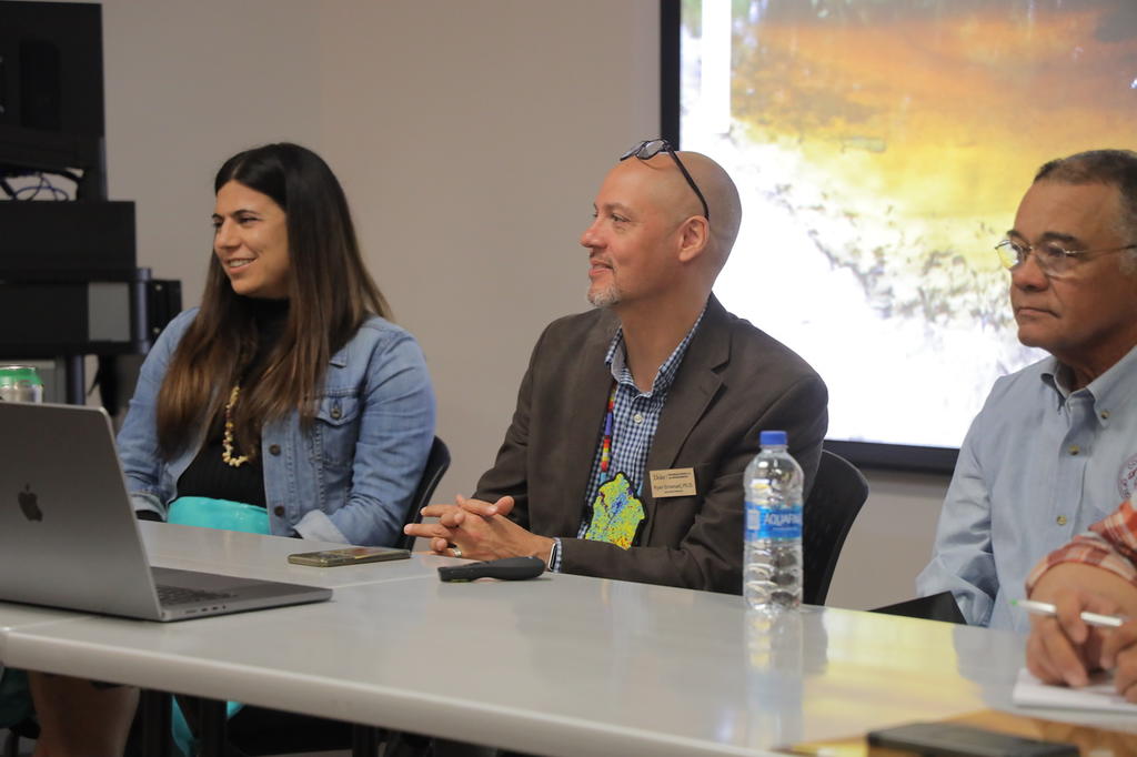 Dr. Ryan Emanuel (center) associate professor of hydrology at Duke University was among the presenters at the 2024 Southeast Native Studies Conference at UNCP