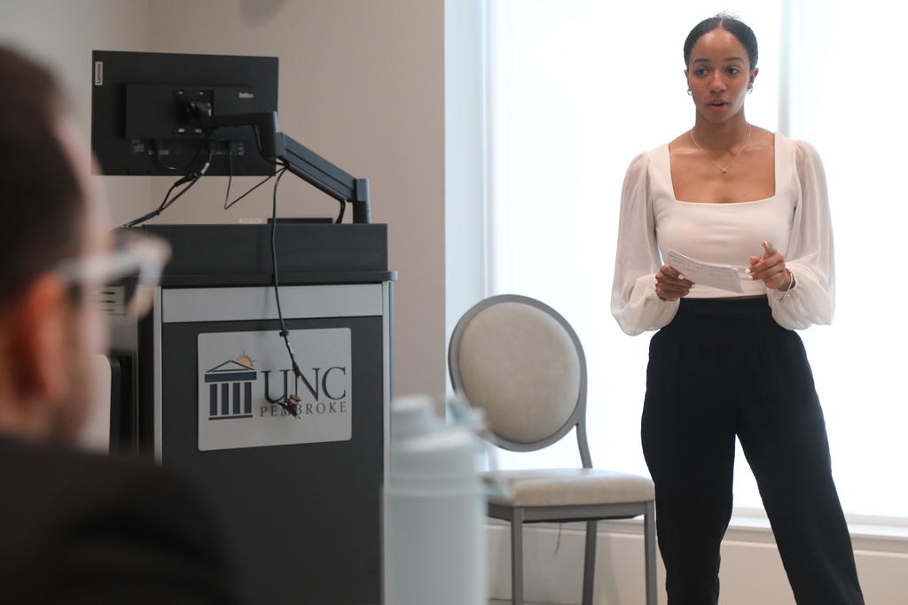 Gabby Hyson delivers her pitch at the inaugural Braves Pitch-a-thon sponsored by the Thomas College of Business and Economics