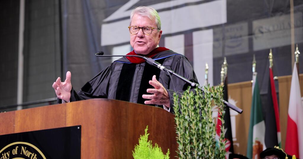 PBS CEO David Crabtree delivers keynote remarks during the undergraduate ceremony at Winter Commencement