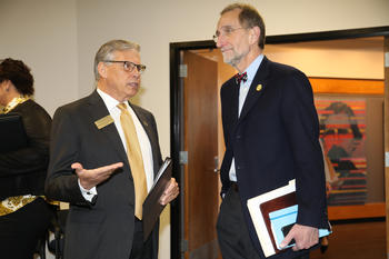 Chancellor Robin Gary Cummings engages with UNC System Interim President Bill Roper during a campus visit on Friday, March 6