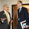 Chancellor Robin Gary Cummings engages with UNC System Interim President Bill Roper during a campus visit on Friday, March 6